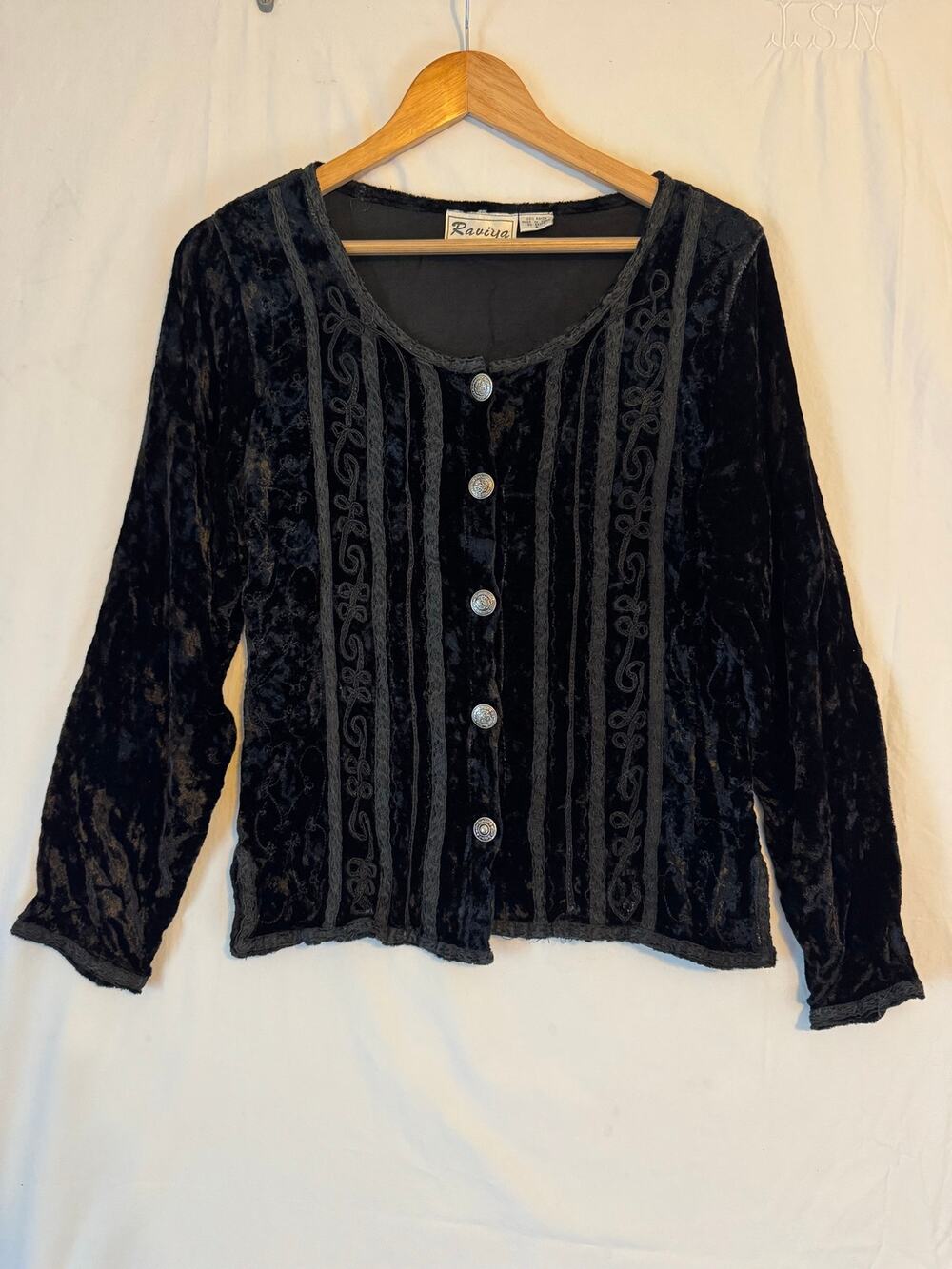 VTG Black Velvet Women's Long Sleeve Top Embroidered Lace Trim Size S